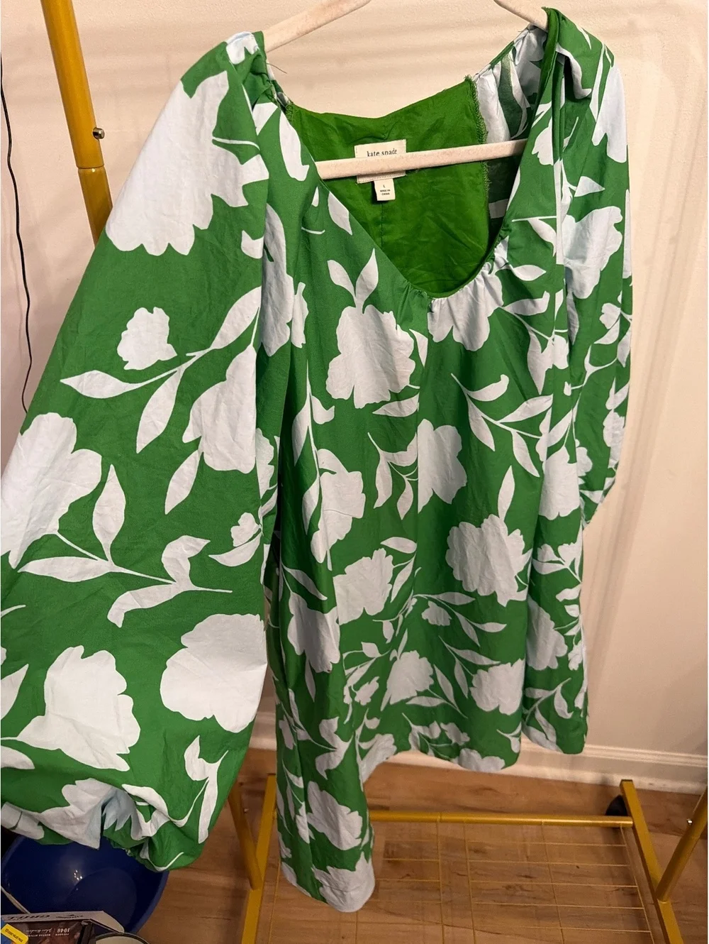 Kate Spade Green and White Floral Puff Sleeve Dress Size L